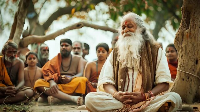 Old Indian guru surrounded by his disciples