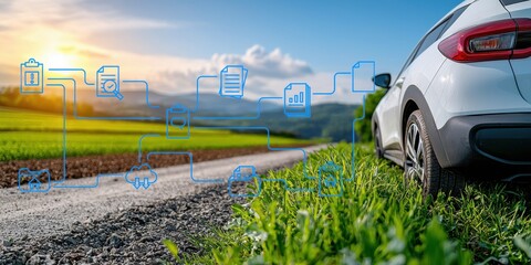 A white car parked on a dirt road surrounded by green fields, with an infographic overlay depicting energy sources and infrastructure.