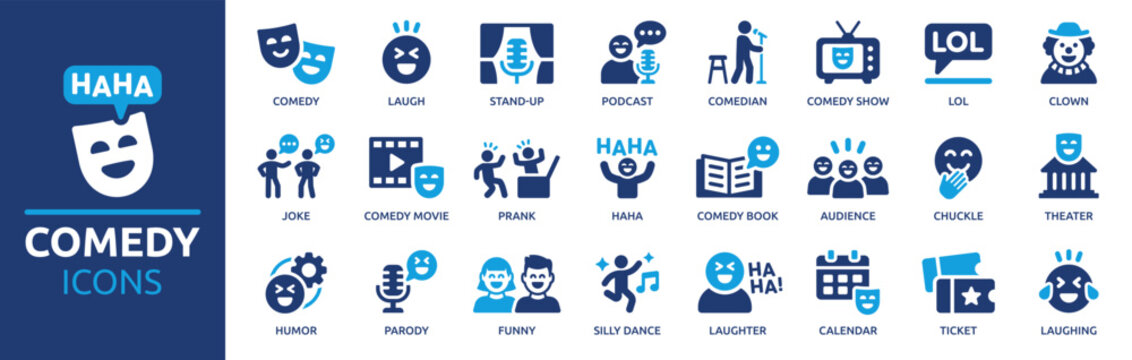 Comedy icon set. Containing laugh, funny, joke, stand-up, prank, lol, joke, clown and laughing. Solid vector icons collection.