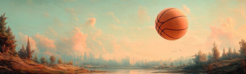 Fototapeta premium Painting of a basketball ball flying over a river with trees