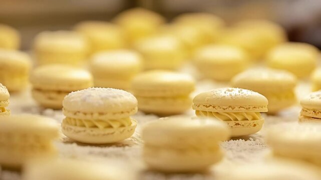 close up of many yellow macaroons making