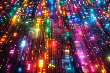 Fototapeta premium Neon Lights Illuminate Futuristic Circuit Board Design