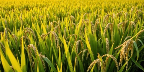 Green rice plants glowing under the sun in a vast rice field with ripe rice panicles ready for harvest, nature, landscape