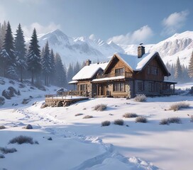 Fototapeta premium Isolated house in winter landscape, snow-covered, winter wonderland, snowy landscape, solitude