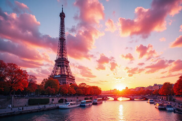 Eiffel Tower Paris sunset colors lattice structure clouds
