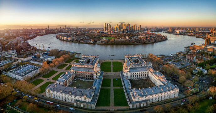Aerial view of Greenwich with the Docklands and Canary Wharf and City skyline in the background