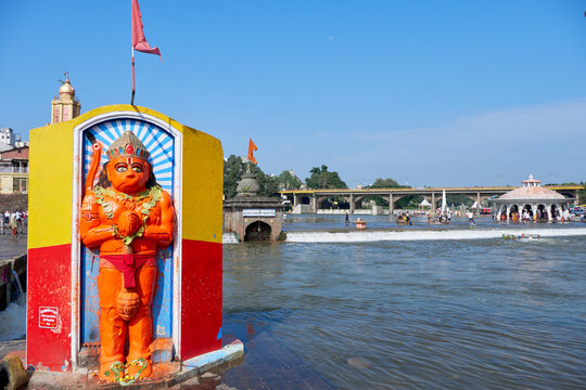Lord Hanuman idol on the banks of the Godavari river at Nashik, Maharashtra