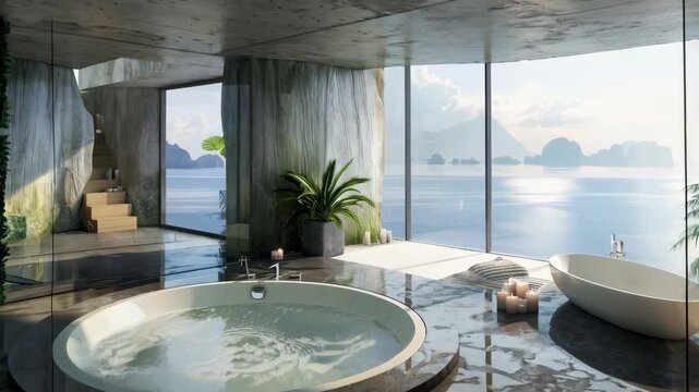 modern bathroom interior with jacuzzi and beautiful sea view