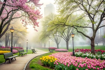 Fototapeta premium Foggy Landscape Backgrounds - Nature, Cities, and Village Scenes