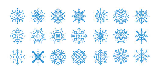 Blue snowflakes vector set for winter design element. Silhouette snowflakes isolated on white background. Freeze symbol icon collection. Snow Ice crystal shape graphic.