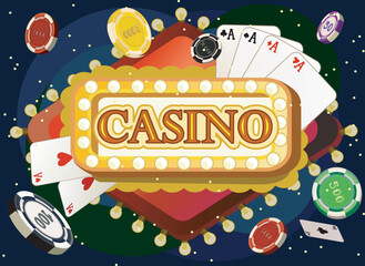 casino sign, welcome game win banner, jackpot, poker, card suits, cards and money. Falling cards and coins. Gambling design on dark sky 
 background with sparkles