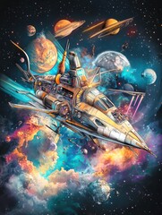 Naklejka premium Generative AI Cartoon Poster for Science Fiction Day Spaceships in a Cosmic Environment