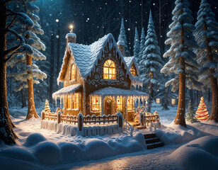 Winter landscape with a gingerbread house in a fairytale forest. Winter Wonderland, Holiday Season, Christmas, and New year illustration. Amazing CG Artwork Background