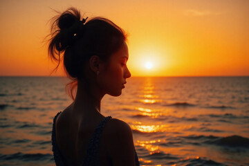 Fototapeta premium Silhouette of person's head over sunset ocean scene merge