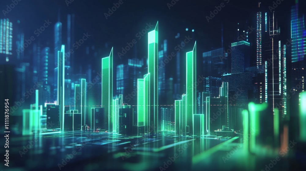 Poster Futuristic city skyline with glowing green data visualization elements