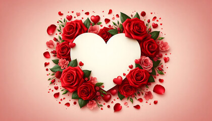  Valentine’s Day background with red roses and scattered petals, leaving a blank heart-shaped 