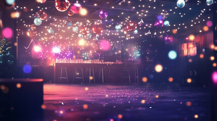 Vibrant party atmosphere with colorful lights and decorations in an indoor venue