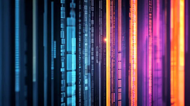 Dynamic colorful data streams with vertical technological patterns, Abstract digital transformation visualization with vibrant matrix lines