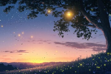 Fototapeta premium A serene landscape at sunset, filled with fireflies and gentle light.