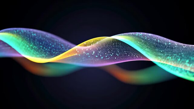 Dynamic rainbow particle wave with flowing spectrum visualization, Abstract scientific data stream with colorful quantum elements