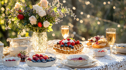 Naklejka premium beautifully arranged brunch table featuring waffles, fresh berries, and elegant floral decor. setting is enhanced by sparkling drinks and soft lighting, creating warm and inviting atmosphere