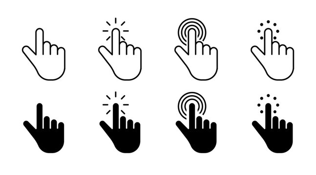 Tap on the screen set icons. Linear and silhouette style. Vector icons.