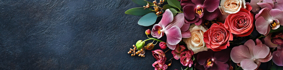 Obraz na płótnie Canvas Luxury flower delivery banner with orchids and roses on a dark background and gold accents. Elegant floral website banner with a luxurious bouquet and sophisticated design.