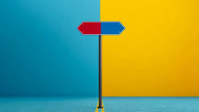 A two-toned directional sign on a vibrant background symbolizes choices and decision-making concepts