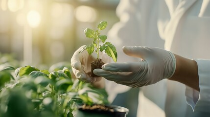Ecologist's hands holding plant with roots and soil