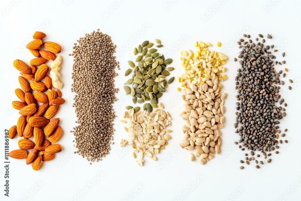 Aufkleber Assortment of organic seeds and nuts arranged neatly on a white background, providing space for informative text or branding needs. Generative AI