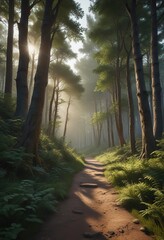 Fototapeta premium Evening forest scene with a winding path and towering trees, forest, foliage,