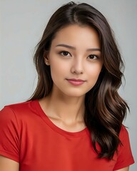 Fototapeta premium portrait of a beautiful female model wearing a red t-shirt with a white background