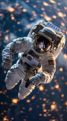 Astronaut Spacewalk: An astronaut performing a spacewalk outside a massive spacecraft, tethered to the ship and working on repairs. Earth is visible below