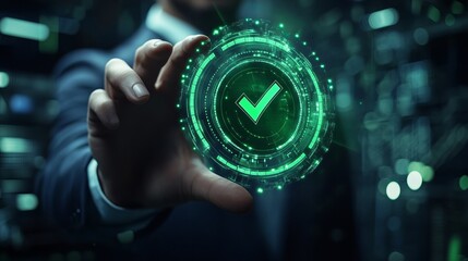 A businessman in formal attire reaches out to engage with a glowing green check mark, representing success or approval in a high-tech environment filled with digital elements