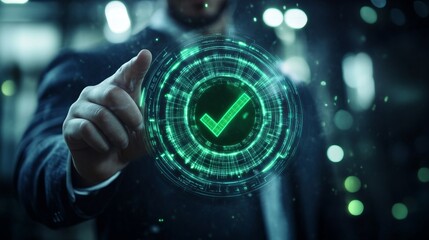 A business professional in formal attire engages with a glowing digital approval interface