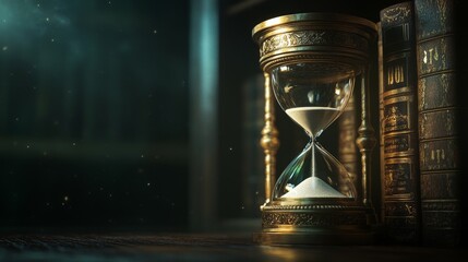 Elegant Hourglass with Sand against Dark Background and Books