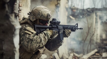 Fototapeta premium A soldier wearing tactical gear takes aim with a rifle in a devastated urban landscape. Debris surrounds the area while smoke rises, indicating ongoing conflict