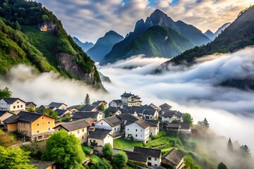 Fototapeta premium Foggy Landscape Backgrounds - Nature, Cities, and Village Scenes in Mist