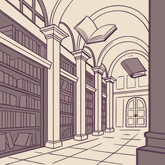magical library with flying books