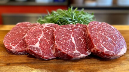 Fototapeta premium Fresh Red Meat Cuts with Herbs on Wooden Cutting Board