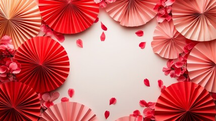 Fototapeta premium Festive Display of Red Paper Fans and Petals for Celebrations