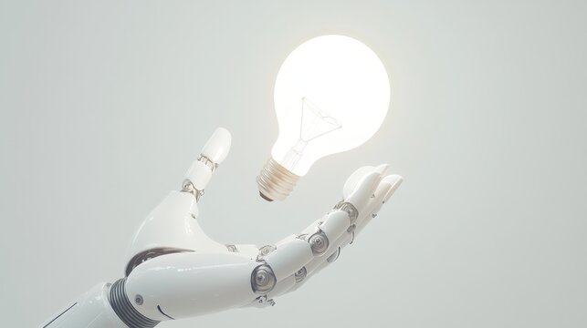 Futuristic Robot Hand Presenting a Floating Light Bulb in Air - Powered by Adobe