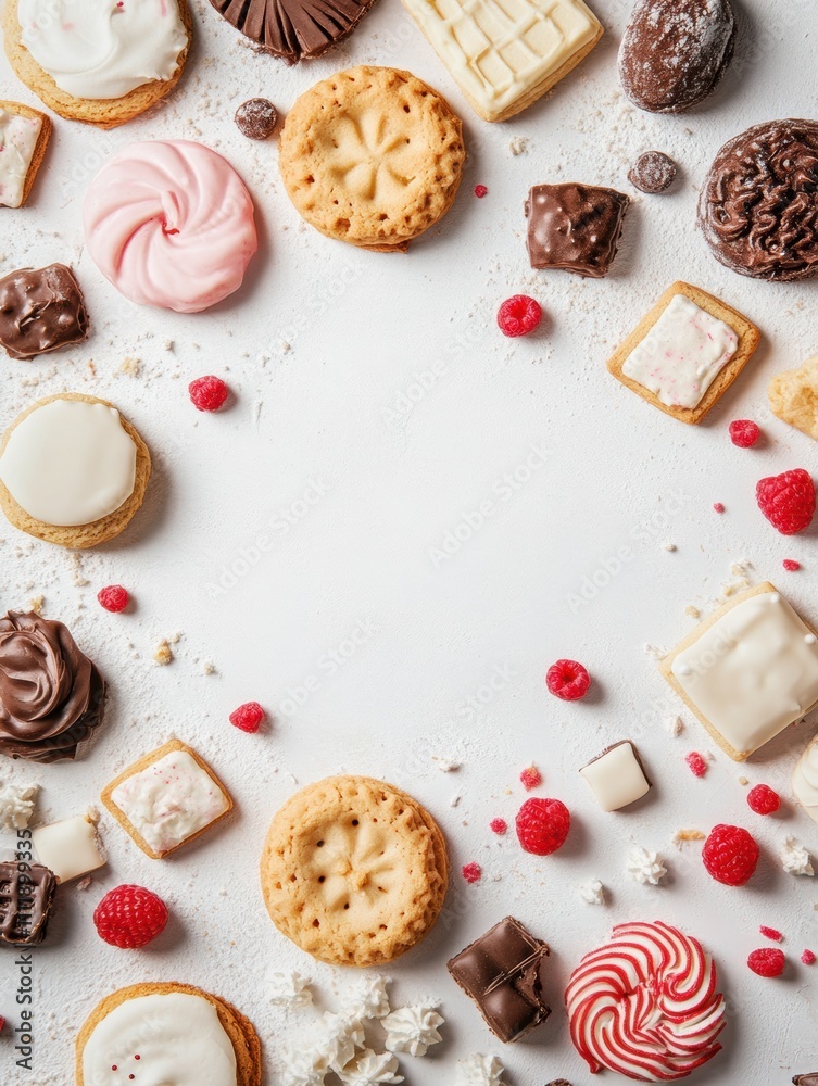 Poster Colorful assortment of cookies and sweets arranged on a bright white background, creating an inviting space for additional text or messaging. Generative AI