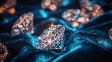 Fototapeta premium Sparkling Diamonds on Luxurious Velvet Fabric in Soft Lighting