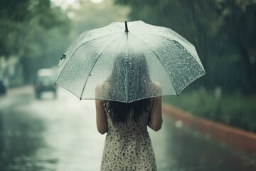 Woman walking in rain with transparent umbrella feeling serene.