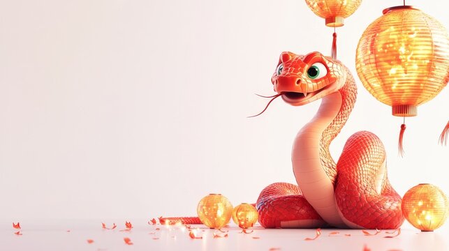 Vibrant 3D Illustration of a Cheerful Red Snake with Lanterns