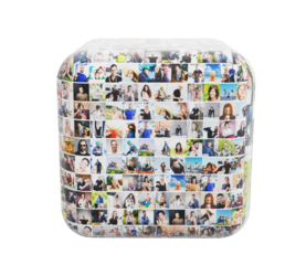 Rounded cube featuring a vibrant mosaic of human faces