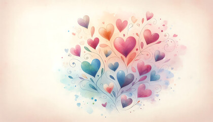 Background with watercolor hearts in soft pastel tones