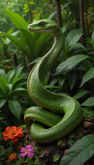 Obraz premium Alert Green Snake in Natural Pose Amid Tropical Flowers and Foliage