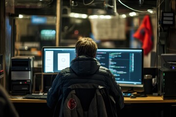 Obraz premium Person coding late at night, dimly lit workspace.